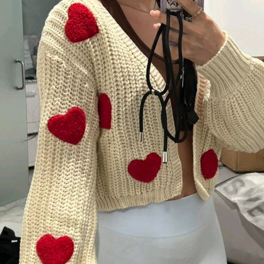Cream Heart Patterned Sweater - image 2
